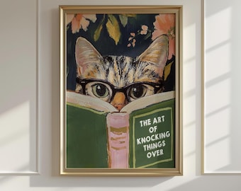 Quirky Cat Reading Poster: Humorous Bathroom Wall Art for Book Lovers | Aesthetic Kitty Print