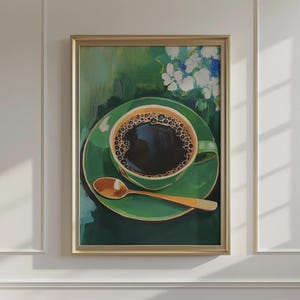 Elegante Kaffee Liebhaber Kunstdruck: Grünes Blumen Küchen Dekor - Ungerahmtes trendiges Poster