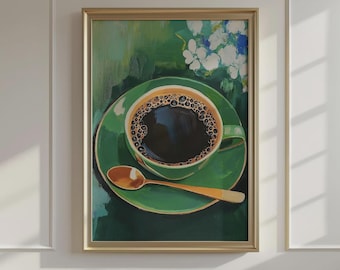 Elegant Coffee Lovers Art Print: Green Floral Kitchen Wall Decor - Unframed Trendy Poster
