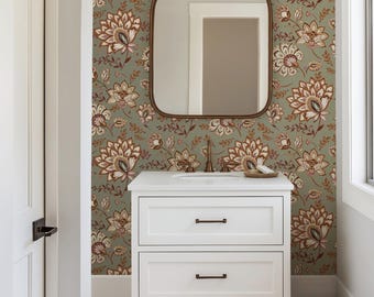 Bohemian Whimsy Floral Muted Olive Green Preppy Wallpaper - Peel and Stick or Traditional