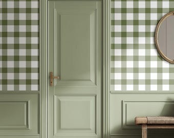 Papel pintado a cuadros vichy verde oliva: diseño autoadhesivo o diseño rústico tradicional.