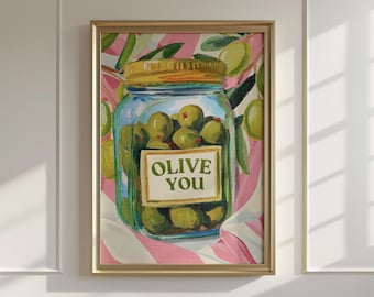 Olive You Kunstdruck: Farbenfrohe Küchen-Wanddekoration, lustiges Food Pun-Poster für das Esszimmer