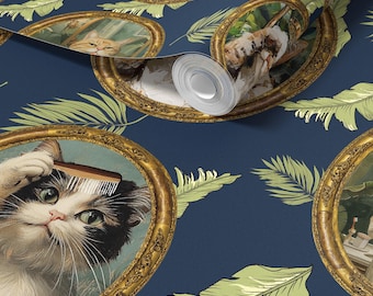 Papier peint salle de bain chat tropical lunatique bleu - amovible, autocollant ou options traditionnelles
