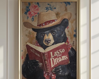 Bear Reading Book Wall Art Print | Whimsical Rustic Cabin Decor | Lasso Your Dreams | Book Lover Gift