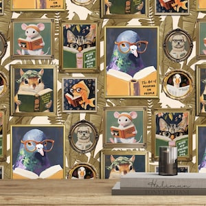 IVORY Whimsical Animal Reading Wallpaper - Peel and Stick Mural for Bathroom, Office, Playroom Decor