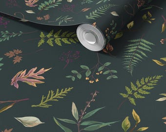 Botanical Leaves Cabin in the Woods Wallpaper in Greenish Blue, Rustic Cabin Decor, Forest Leaves - Peel and Stick or Traditional