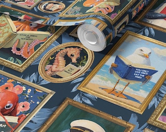 Whimsical Animals Reading Wallpaper - NAVY BLUE Coastal Beach Version - Peel & Stick or Non-Pasted