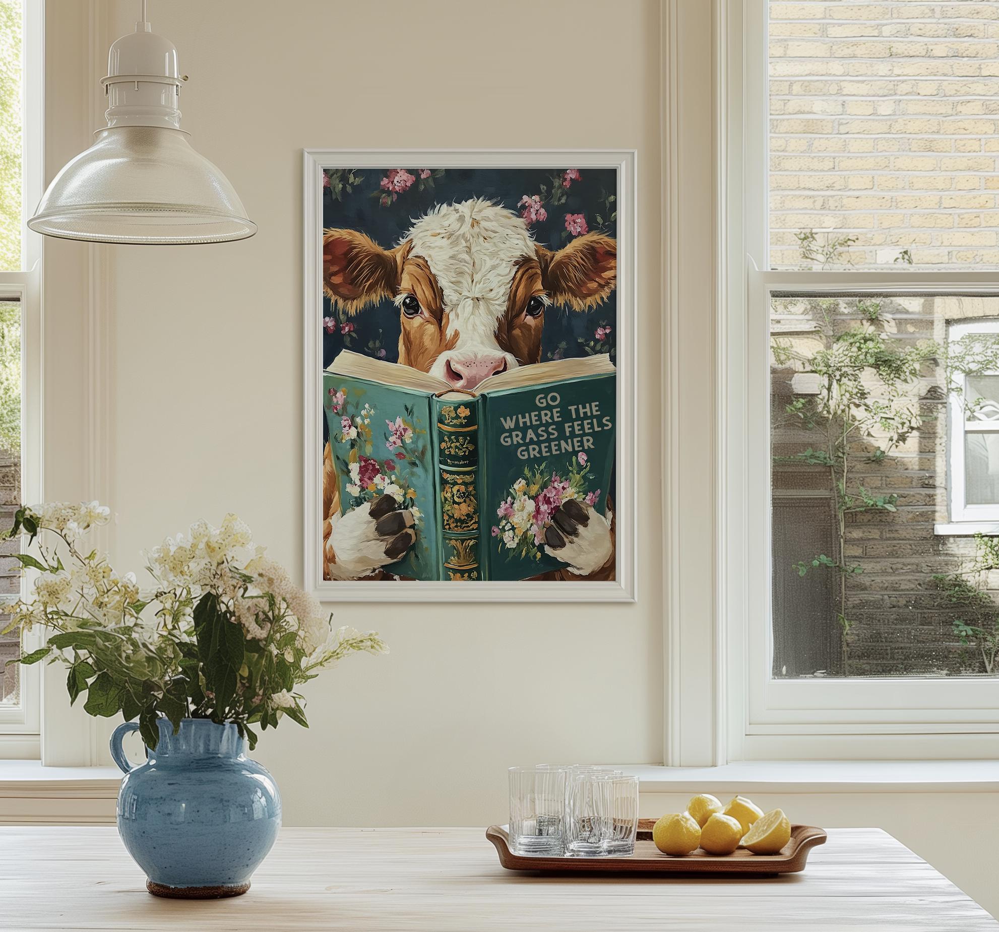 Whimsical Cow Reading Book – Funny Farm Kitchen Wall Art - Rustic Decor ...