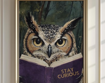 Stay Curious Owl Reading Art Print - Purple Book Lovers Wall Decor for Library Study Nook