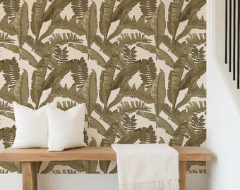 Tropical Gold Leaves Wallpaper - Ivory Palm Leaf, Tropical Botanical Peel and Stick, Removable Wallpaper, Coastal Wall Decor