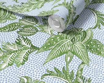 Papel pintado con grabado botánico de puntos verdes y azules (adhesivo o con diseño floral tradicional/vintage)