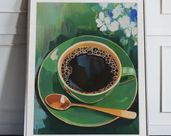 Elegante Kaffee Liebhaber Kunstdruck: Grünes Blumen Küchen Dekor - Ungerahmtes trendiges Poster