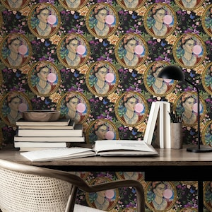 May include: Wallpaper with a repeating pattern of portraits of a woman blowing a bubblegum bubble, framed in gold. The background is black with floral and butterfly accents. The portraits are surrounded by flowers.