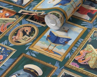 Whimsical Animals Reading Wallpaper - TEAL Coastal Beach Version - Peel & Stick or Non-Pasted
