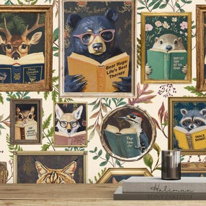 Woodland Animals Reading Wallpaper in Ivory - Peel and Stick or Traditional
