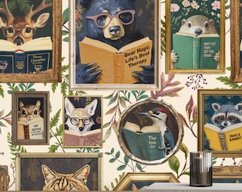 Woodland Animals Reading Wallpaper in Ivory - Peel and Stick or Traditional