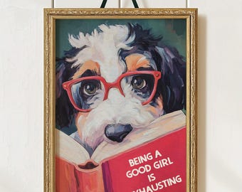 Whimsical GIRL Bernedoodle Dog Reading Book Art Print - Funny Pet Wall Decor - Humorous Gift for Animal Lovers