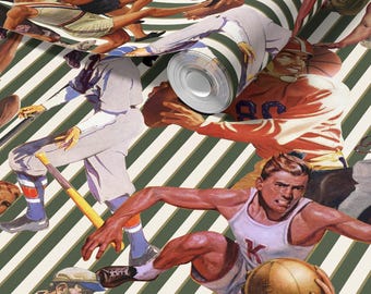 Retro Sports Wallpaper in Green Gold Stripes - Peel and Stick or Traditional