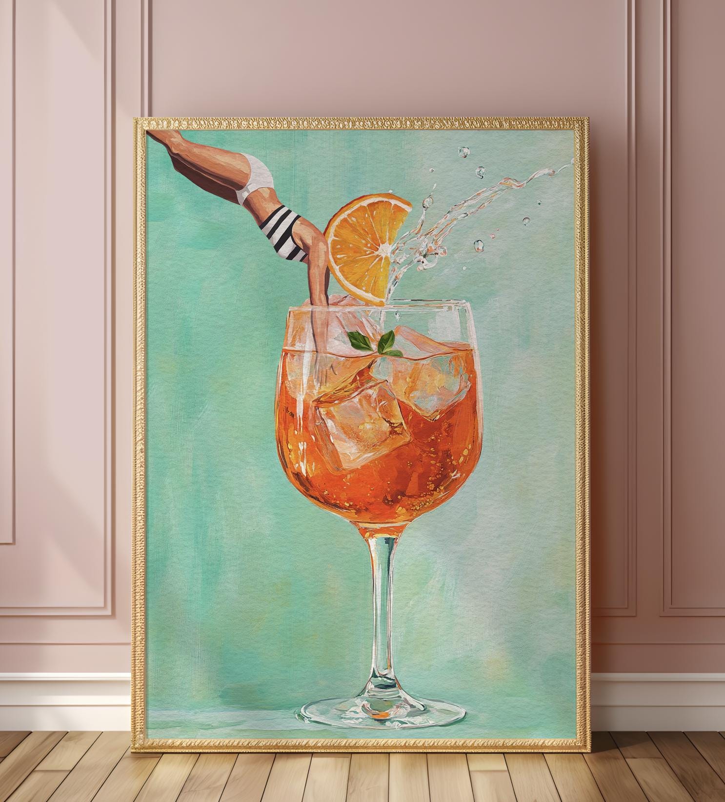 Vibrant Aperol Spritz Retro Art Print: Bar Decor Cocktail Poster with Jumping Girl (Frame Not Included)
