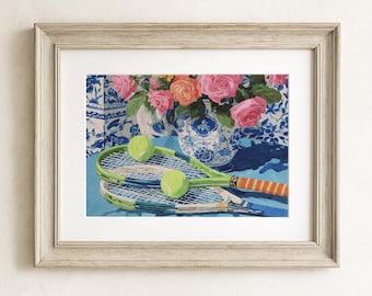 Art mural floral tennis, impression tennis preppy, déco botanique rose-vert, style country club, grand millénaire