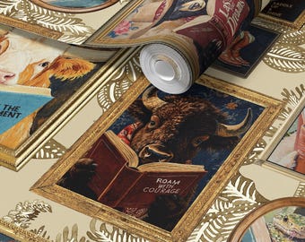 Animals Reading Western Cowboy Wallpaper in Botanical Etching in Ivory  - Peel and Stick or Traditional