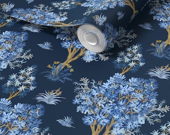 Ornamental Blue Trees Navy Vintage Floral Wallpaper - Peel and Stick or Traditional Moody Botanical