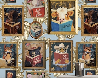 Animals Reading Western Cowboy Wallpaper in Botanical Etching in Blue  - Peel and Stick or Traditional