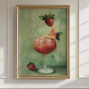 Konsttryck med jordgubbsdaiquiri och cocktailbar - Vibrerande Martiniflicka-poster för kök och heminredning