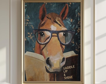 Whimsical Horse Reading Book Wall Art Print, Saddle Up & Shine, Western Decor Gift for Book Lovers