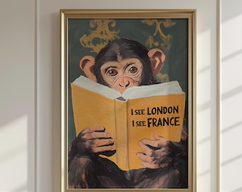 Quirky Monkey Bathroom Wall Art Print: 'I See London, I See France