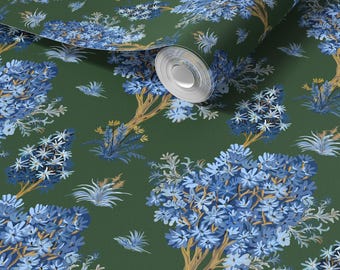 Ornamental Blue Trees in Green Vintage Floral Wallpaper - Peel and Stick or Traditional Moody Botanical