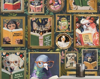 Whimsical Animal Reading Wallpaper VERSION 2 - Green - Woodland Florals - Peel and Stick Mural for Bathroom, Office, Playroom Decor