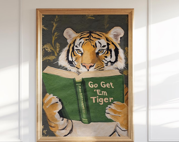 Motivational Tiger Reading Print: Humorous Bookworm Wall Art for Library, Office, or Study Decor