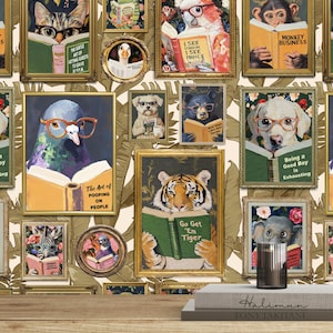 IVORY Whimsical Animal Reading Wallpaper VERSION 2 - Peel and Stick Mural for Bathroom, Office, Playroom Decor