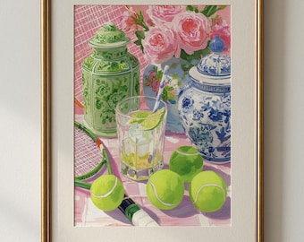 Art mural tennis grand millénaire, impression floral preppy tennis, décor botanique chinoiseries, art mural galerie rose vert