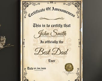 Dad Zertifikat, lustiges Geschenk zum Vatertag, Digital Download Award, Personalisiert