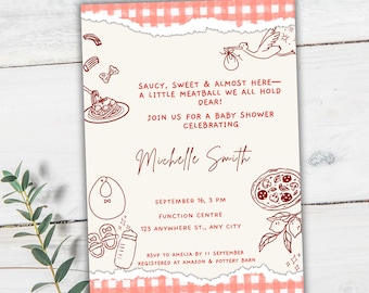 Italienische Babypartyeinladung Canva-Vorlage, Pasta & Pizza, rote Gingham-Einladung, bearbeitbare Neutral