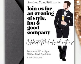 Black Tie 40. Geburtstagseinladung, moderne schicke Feier, bearbeitbare Canva-Vorlage, digitaler Download