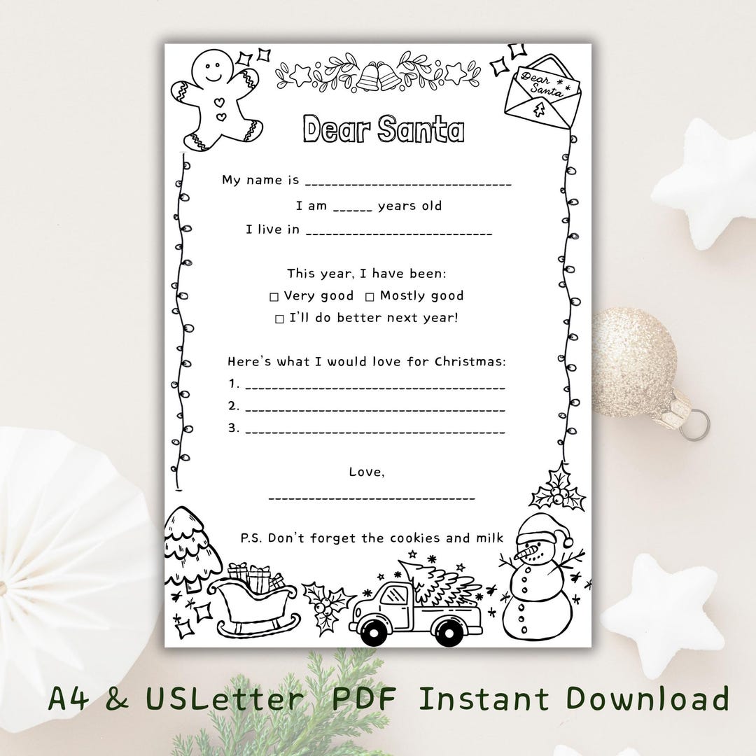 Dear Santa Printable Template Kids Christmas A4 US Letter PDF Instant ...