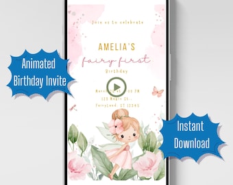 Fee zum ersten Geburtstag Video Canva, animierte digitale Einladung, bearbeitbare Prinzessin Party Einladung, wunderliches Garten Thema