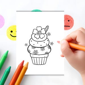 K&ouml;nnte beinhalten: Eine Schwarz-Wei&szlig;-Strichzeichnung eines Cupcakes mit floralen und Punkt-Details. Der Cupcake befindet sich auf einem wei&szlig;en Papier, mit einer Hand, die einen orangefarbenen Marker h&auml;lt. Smiley-Aufkleber und Buntstifte befinden sich im Hintergrund.