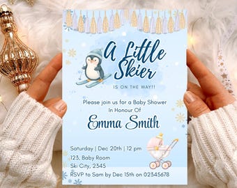Baby Shower Einladung Skifahrer, Winter Invite, Ski Theme, Canva Template