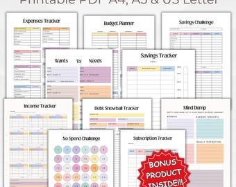 Minimalistischer Haushaltsplaner Printable Bundle 2026, 15 Seiten,Finance Tracker A4 US Letter, Ausgaben,Ersparnisse,Schulden Schneeball, Keine Spend Herausforderungen
