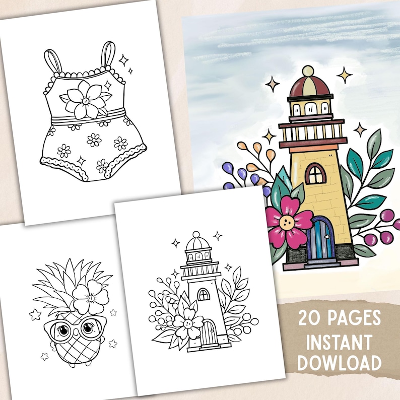 Printable Beach Coloring Pages, Summer Ocean Theme, Digital Download,PDF