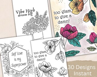 Blumen Zitate Seiten, motivierende Farbtherapie, digitaler PDF-Download