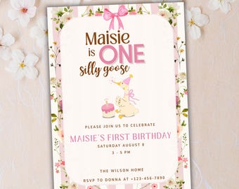 Eine Alberne Gans Erste Geburtstagseinladung, Canva 1st Bday Party, Digitale Vorlage mit Rosa Blumenmuster