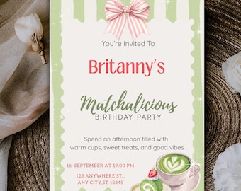 Matcha Tea Party Einladung, Canva Geburtstag druckbare einladen, Pastell grün rosa Thema, bearbeitbare Digital