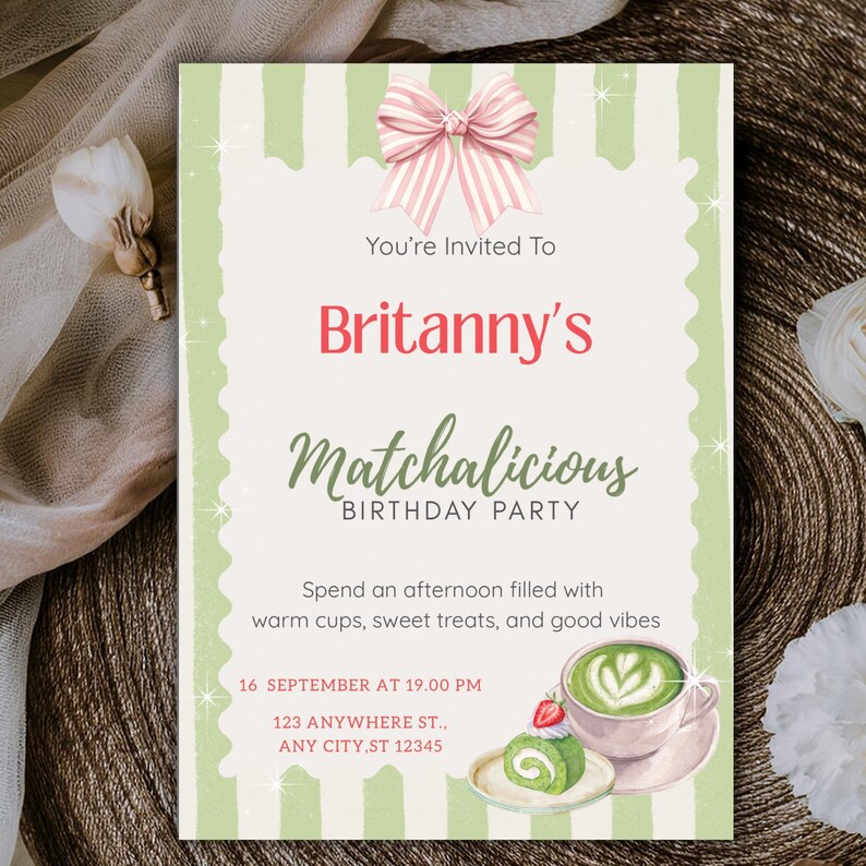 Matcha Tea Party Invitation, Canva Birthday Printable Invite, Pastel ...
