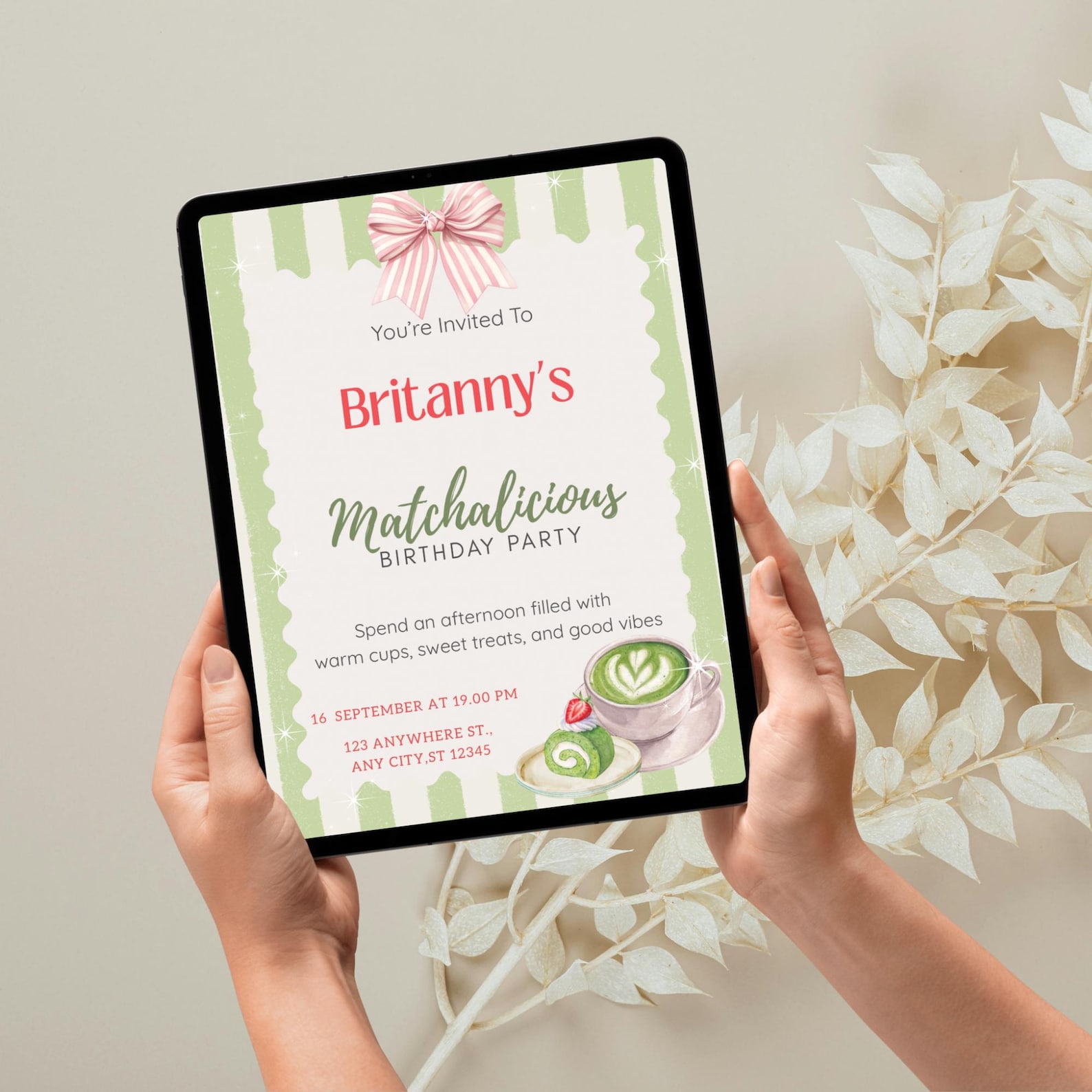 Matcha Tea Party Invitation, Canva Birthday Printable Invite, Pastel ...