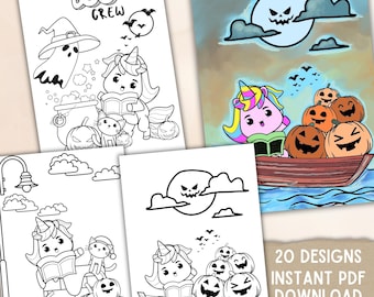 Einhorn Halloween Malseiten, gruselige Kawaii Designs zum Ausdrucken